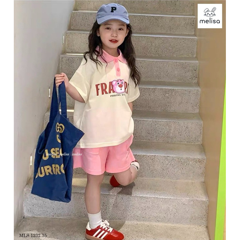 Set Melisa áo polo quần short thun hình gấu bé gái
