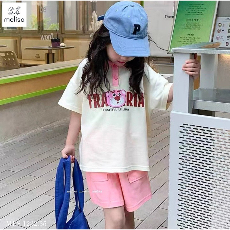 Set Melisa áo polo quần short thun hình gấu bé gái