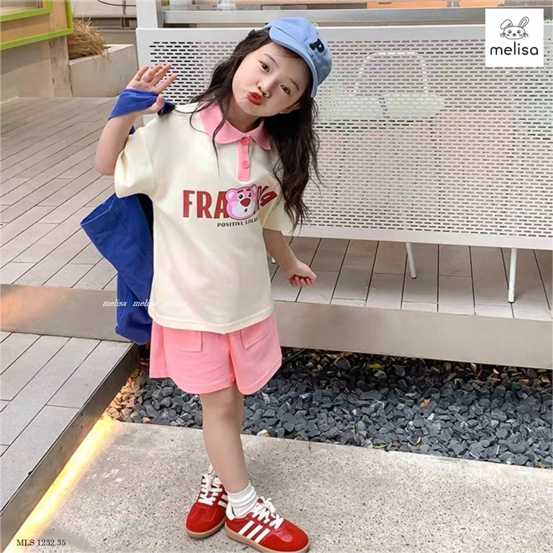 Set Melisa áo polo quần short thun hình gấu bé gái