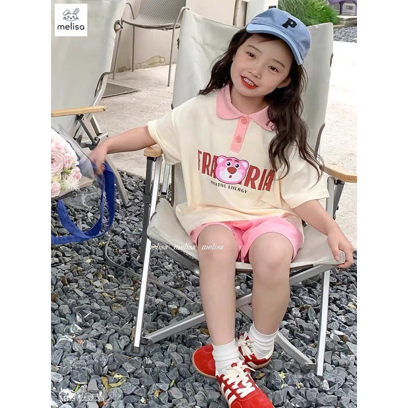 Set Melisa áo polo quần short thun hình gấu bé gái