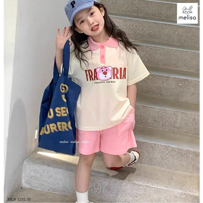 Set Melisa áo polo quần short thun hình gấu bé gái