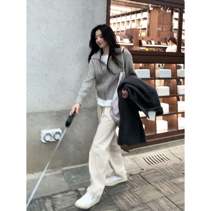 Áo len khoác dài tay vặn thừng cổ polo khoá kéo phong cách Hàn Quốc FOOTMADE