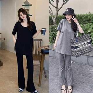 Set áo thun tay lỡ không cổ quần ống loe form rộng tôn dáng SQ030 set bộ phông nữ thời trang