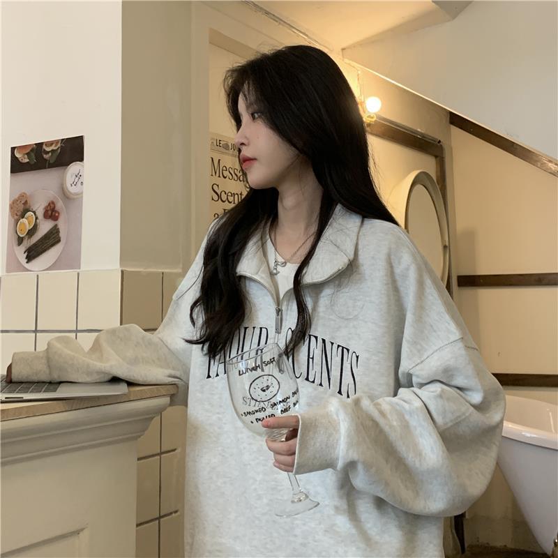 Áo Sweater Cổ Khóa họa tiết chữ A073 Chất bo tăm Dày Dặn 2 màu xám đen From Suông Dáng Rộng Trẻ Trung Hottrend