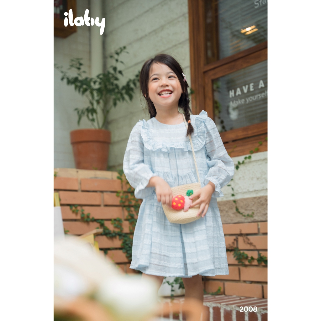 Váy suông bé gái ILABY tay lửng kẻ phối bèo can chất liệu voan xốp mềm mại cho bé 10-35kg