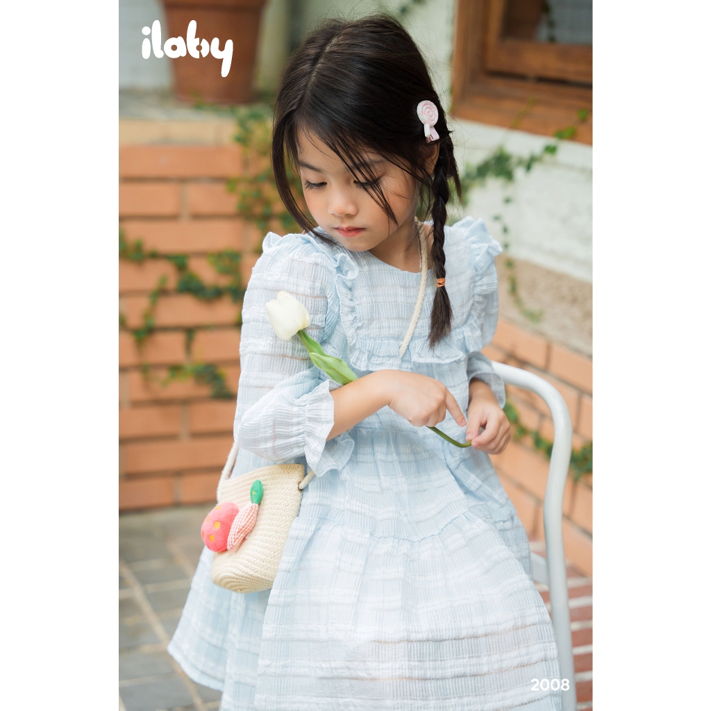 Váy suông bé gái ILABY tay lửng kẻ phối bèo can chất liệu voan xốp mềm mại cho bé 10-35kg