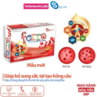 Ferro Sanofia bổ máu mẫu mới - Bổ sung sắt và acid Folic cho bé từ 1 tuổi và bà bầu - Hộp 20 ống siro bổ máu