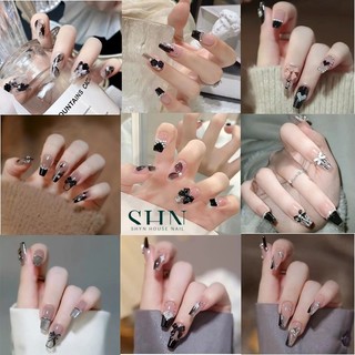  Bộ 24 móng tay giả đính đá màu đen Móng tay giả đính nơ màu đen Nailbox dài nhọn Nail xinh 