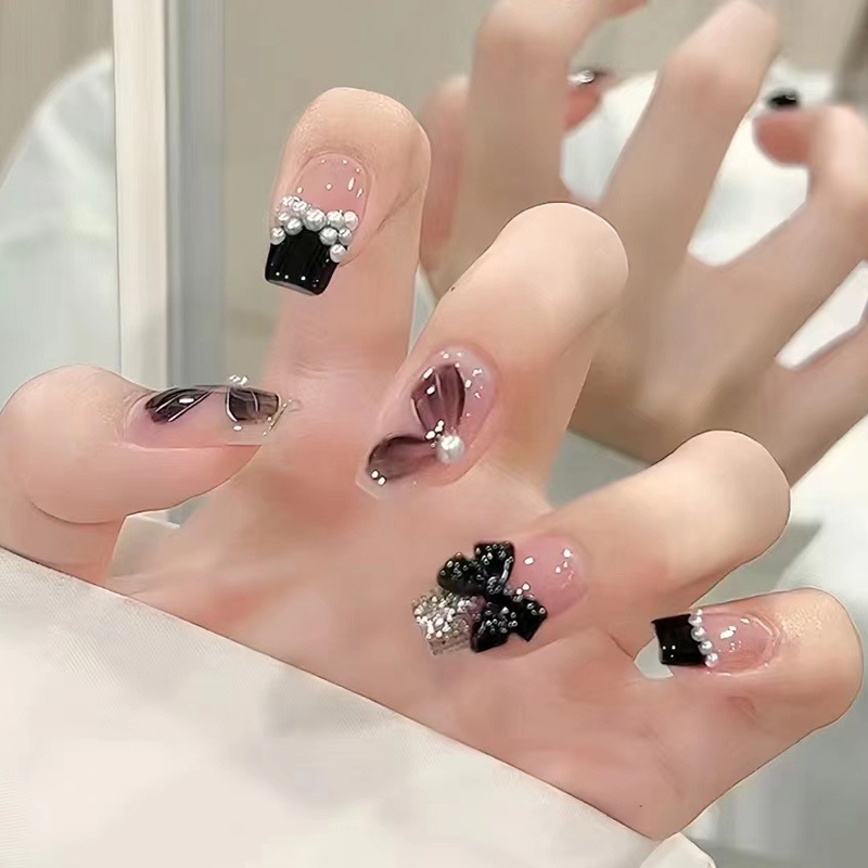 Bộ 24 móng tay giả đính đá màu đen, Móng tay giả đính nơ màu đen, Nailbox dài nhọn, Nail xinh