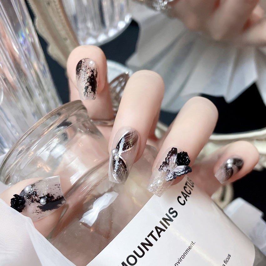 Bộ 24 móng tay giả đính đá màu đen, Móng tay giả đính nơ màu đen, Nailbox dài nhọn, Nail xinh