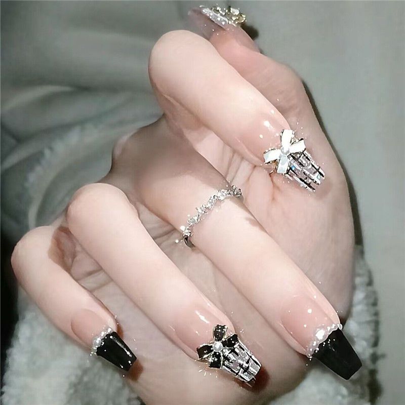 Bộ 24 móng tay giả đính đá màu đen, Móng tay giả đính nơ màu đen, Nailbox dài nhọn, Nail xinh