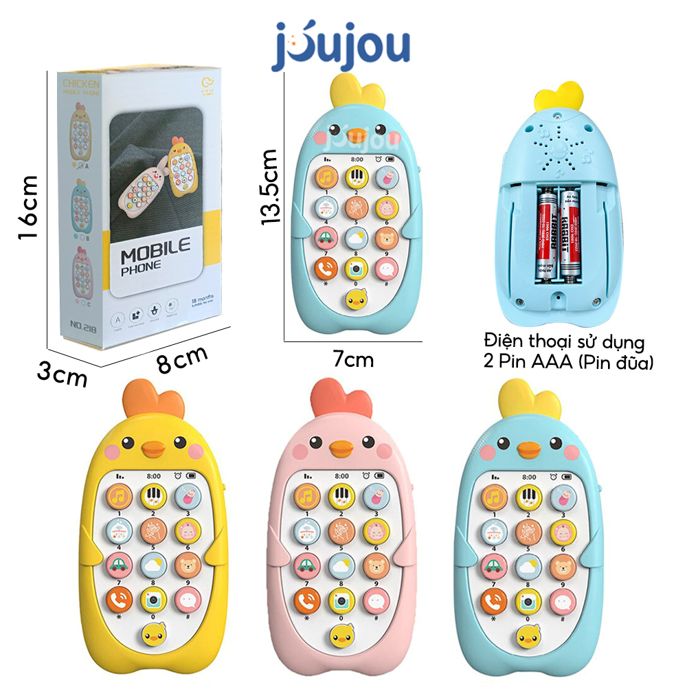 Điện thoại đồ chơi cho bé có nhạc và đèn hình gà con đáng yêu JuJou chất liệu nhựa an toàn