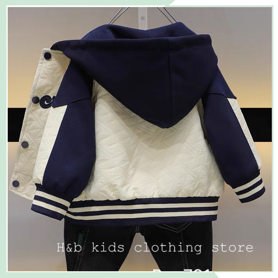 Áo khoác bomber có mũ  bé trai, bé gái, áo khoác bóng chày xốp chần hình thêu bo dệt 2 lớp mũ hai lớp BBT52