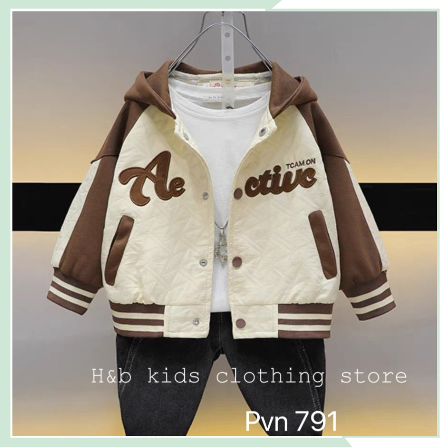Áo khoác bomber có mũ  bé trai, bé gái, áo khoác bóng chày xốp chần hình thêu bo dệt 2 lớp mũ hai lớp BBT52
