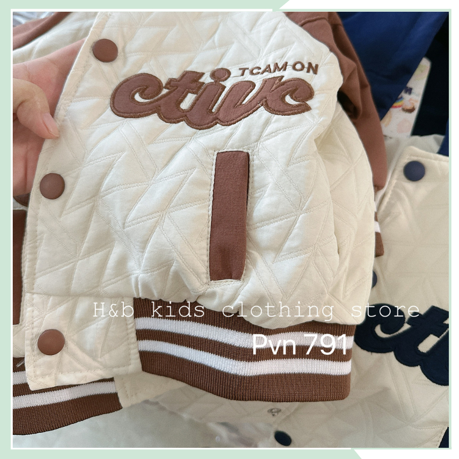 Áo khoác bomber có mũ  bé trai, bé gái, áo khoác bóng chày xốp chần hình thêu bo dệt 2 lớp mũ hai lớp BBT52