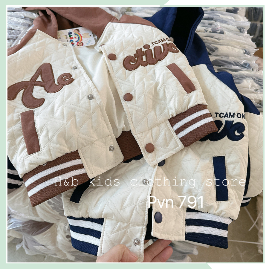 Áo khoác bomber có mũ  bé trai, bé gái, áo khoác bóng chày xốp chần hình thêu bo dệt 2 lớp mũ hai lớp BBT52