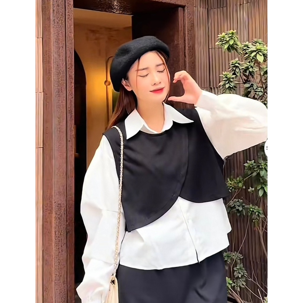 Set áo sơ mi kèm ghile nỉ tăm, Set 2 món áo sơ mi mix gile nỉ tăm Hari GenZ 051 P7K4