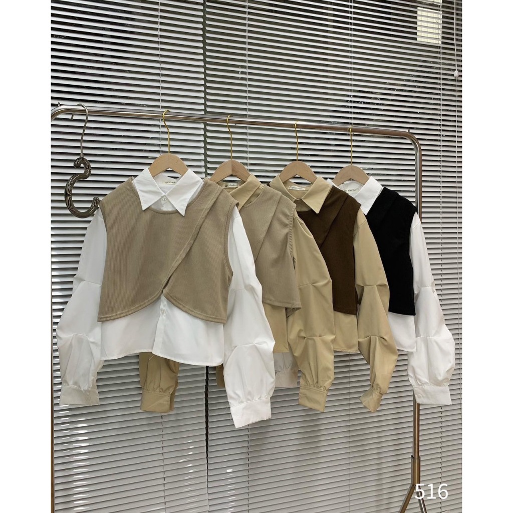 Set áo sơ mi kèm ghile nỉ tăm, Set 2 món áo sơ mi mix gile nỉ tăm Hari GenZ 051 P7K4