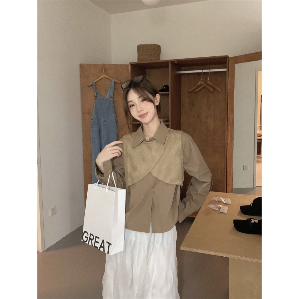 Set áo sơ mi kèm ghile nỉ tăm, Set 2 món áo sơ mi mix gile nỉ tăm Hari GenZ 051 P7K4