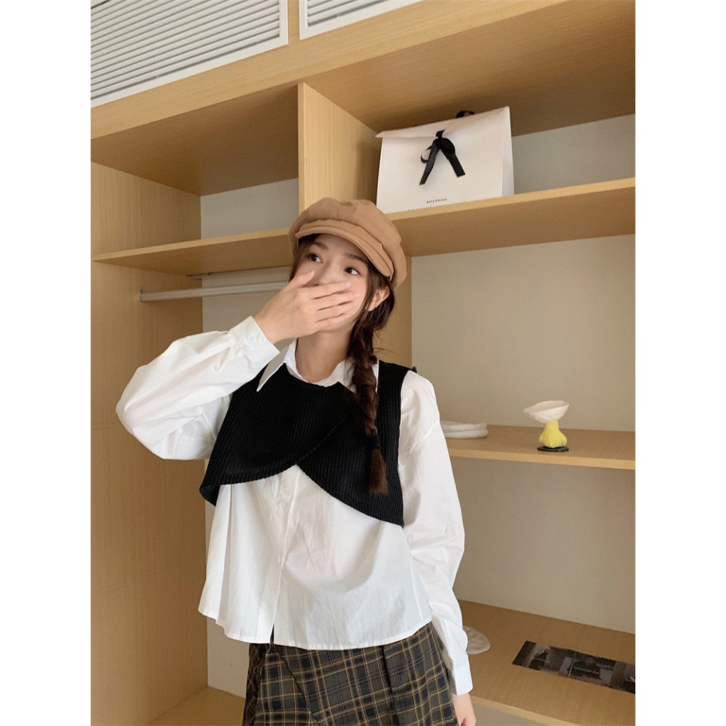 Set áo sơ mi kèm ghile nỉ tăm, Set 2 món áo sơ mi mix gile nỉ tăm Hari GenZ 051 P7K4