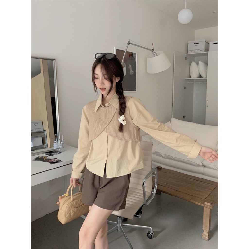 Set áo sơ mi kèm ghile nỉ tăm, Set 2 món áo sơ mi mix gile nỉ tăm Hari GenZ 051 P7K4