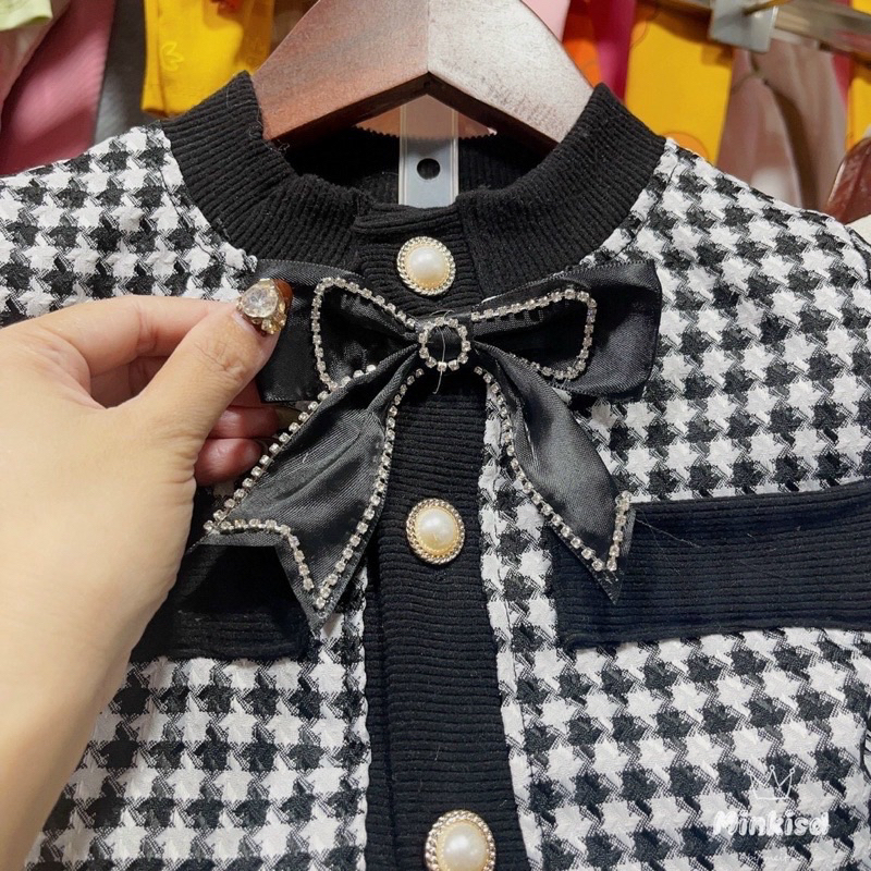 Set Dạ Kẻ Áo Khoác Mix Chân Váy Bé gái Sang Chảnh Có Ảnh Thật Kèm Video