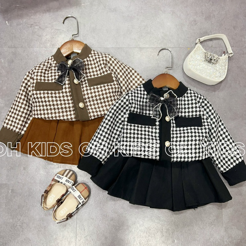 Set Dạ Kẻ Áo Khoác Mix Chân Váy Bé gái Sang Chảnh Có Ảnh Thật Kèm Video