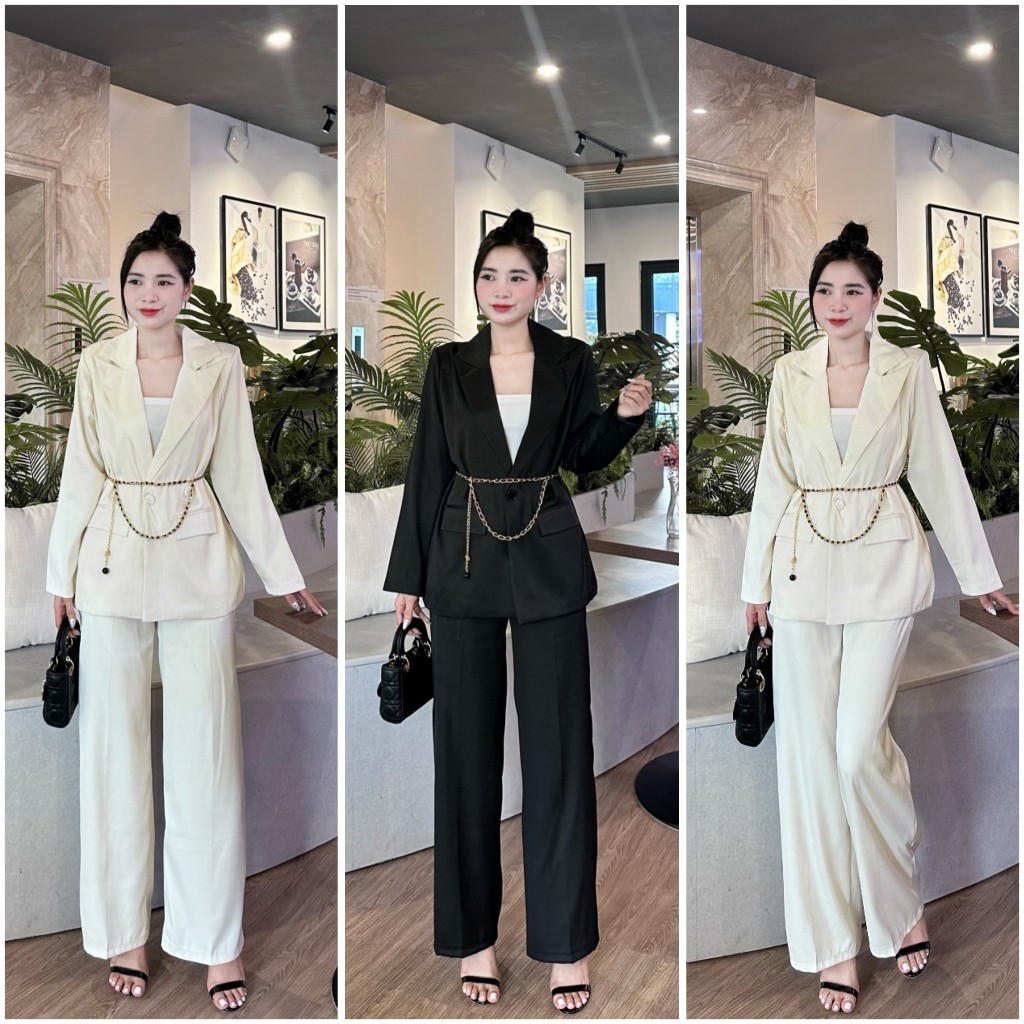 Set áo khoác vest blazer nữ mix quần tây suông dáng dài 2 tone màu basic thanh lịch sang chảnh siêu xịn xò