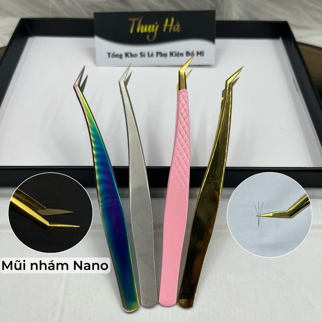 Nhíp cong 45 độ mũi nhám Nano, nhíp cong bao da _dụng cụ mi_keo nối mi_uốn mi_mi khay_mi fan_THÚY HÀ