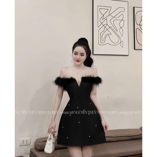 [ Giá Tốt] Đầm thiết kế cao cấp dự tiệc cưới_Váy tapta trễ vai phối lông đính cườm sang chảnh