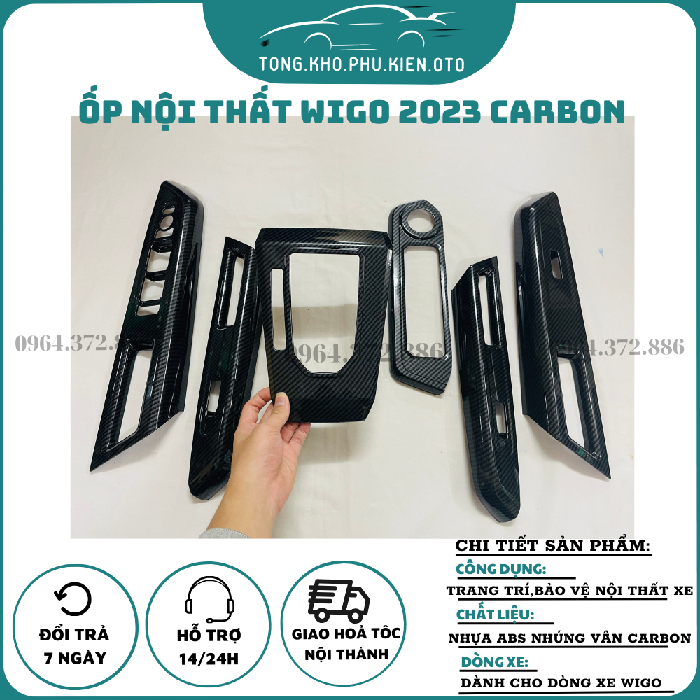 Ốp nội thất xe Toyota Wigo 2023 mẫu vân carbon đẹp, trang trí chống xước bậc cửa xe