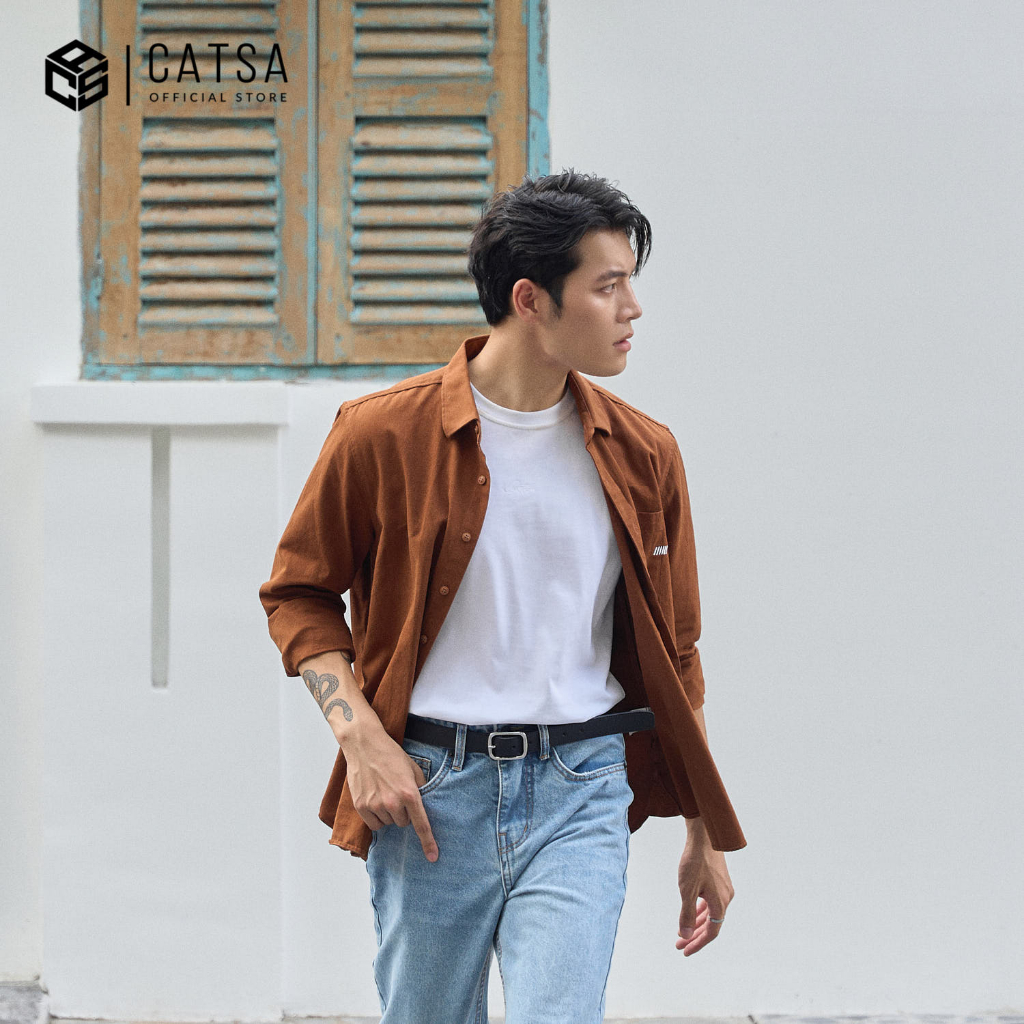 Áo sơ mi nam CATSA tay dài thêu hình basic form regular chất liệu kaki cotton thoáng mát 11ASC070