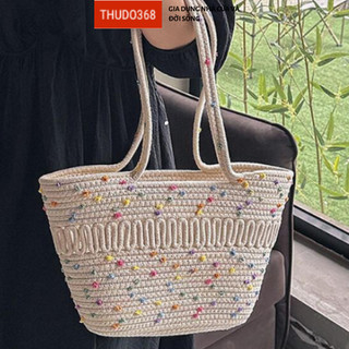 Túi cói vintage nữ dệt Hàn Quốc quai đeo cỡ lớn túi tote phối màu đan cói