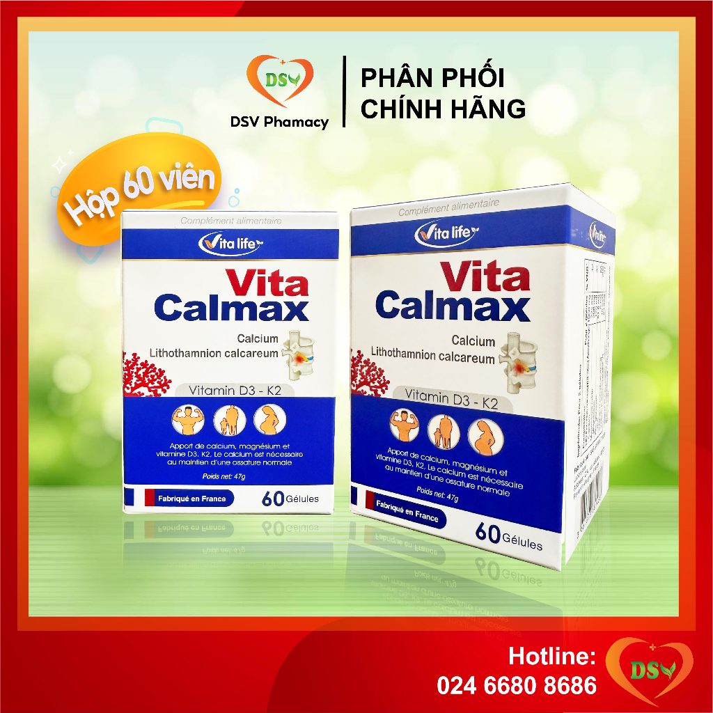 Vita Calmax (Hộp 60 viên) - Bổ sung Canxi từ tảo biển - Vitamin D3,K2 - Hỗ trợ giúp xương phát triển khỏe mạnh