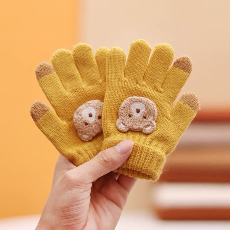 Găng tay trẻ em, găng tay len xỏ ngón hình gấu phong cách mới bé trai và bé gái