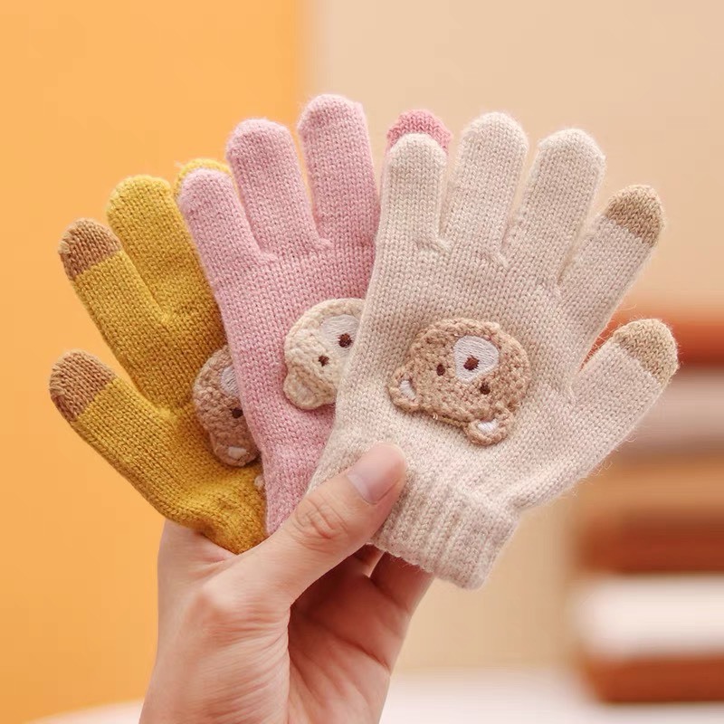 Găng tay trẻ em, găng tay len xỏ ngón hình gấu phong cách mới bé trai và bé gái