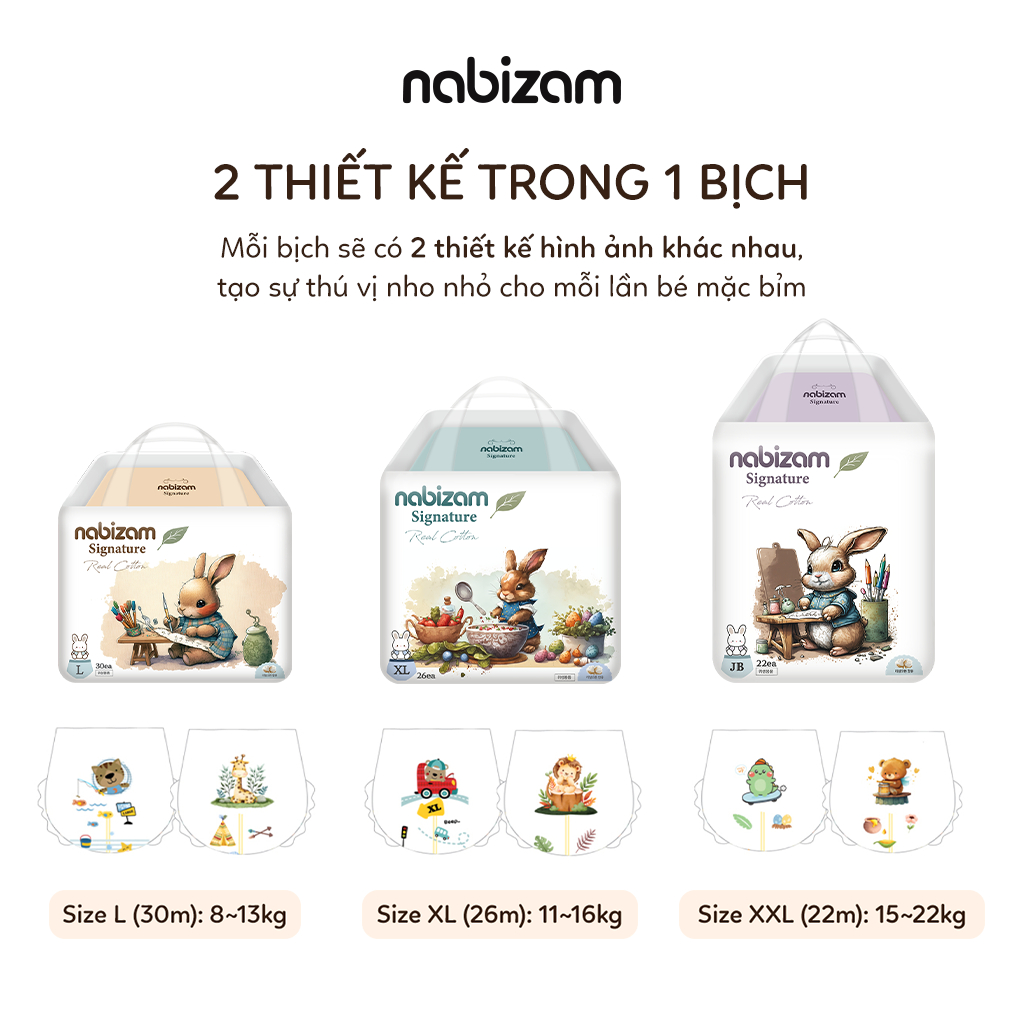 Set 2 Miếng Bỉm Đêm NABIZAM Signature Nội Địa Hàn, Mềm Mại, Siêu Thấm Hút Size L30/XL26/2XL22/3XL20 Cho Bé 8-25kg