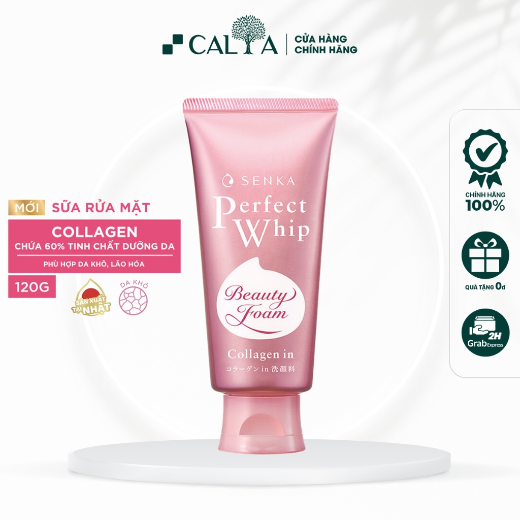 Sữa Rửa Mặt Senka Màu Hồng Ngăn Lão Hóa, Phục Hồi Da - Senka Perfect Whip Beauty Foam Collgen In 120g