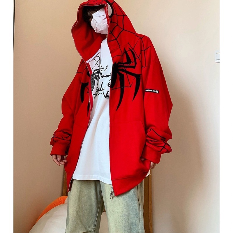 🔥Hot🔥Áo Khoác hoodie cardigan Có Nón Phối Khóa Kéo Thêu Họa Tiết Người Nhện Phong Cách Mỹ Cá Tính Cho Nữ