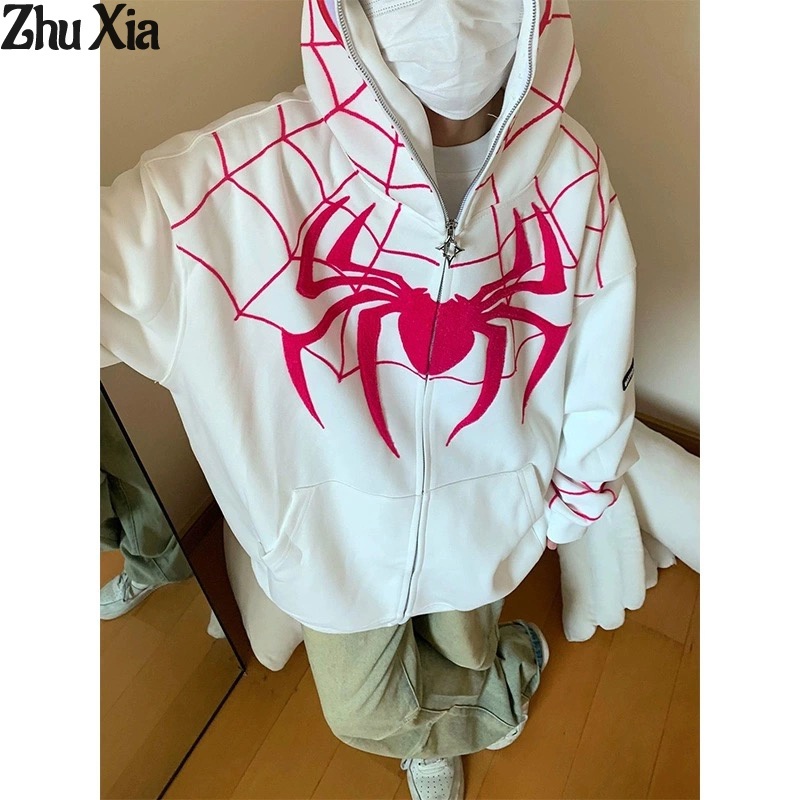 🔥Hot🔥Áo Khoác hoodie cardigan Có Nón Phối Khóa Kéo Thêu Họa Tiết Người Nhện Phong Cách Mỹ Cá Tính Cho Nữ