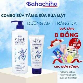 Combo sữa tắm 800ml sữa rửa mặt 130g dưỡng ẩm làm trắng da Reihaku Hatomugi ý dĩ - Bahachiha