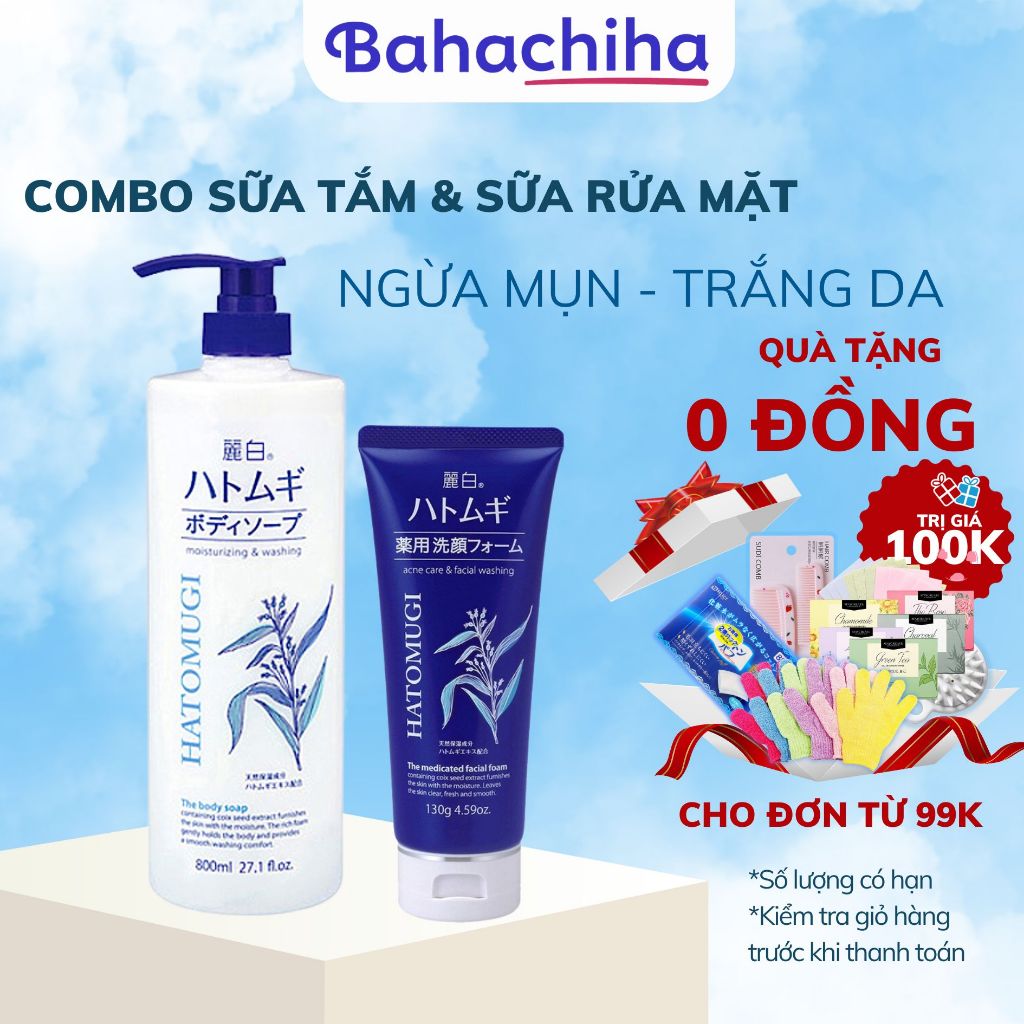 Combo sữa tắm sữa rửa mặt Hatomugi Reihaku Kumano dưỡng ẩm trắng da ngừa mụn ý dĩ - Bahachiha