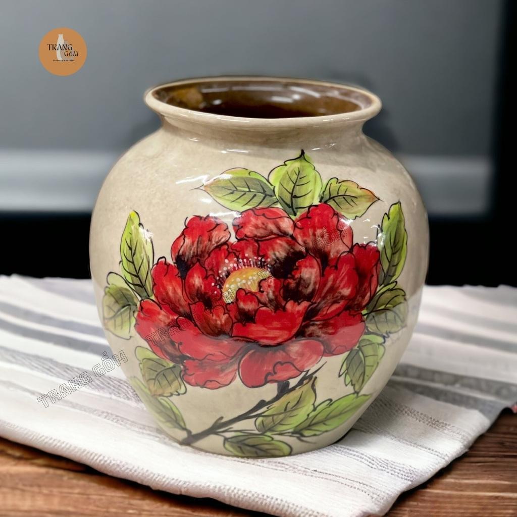 Bình hoa gốm sứ Bát Tràng cao cấp dáng vò tròn quốc dân vẽ 3d màu sắc tươi trẻ cắm hoa siêu đẹp | Trang Gốm TG121