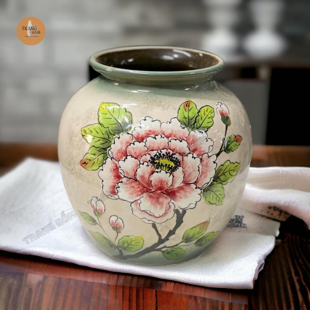 Bình hoa gốm sứ Bát Tràng cao cấp dáng vò tròn quốc dân vẽ 3d màu sắc tươi trẻ cắm hoa siêu đẹp | Trang Gốm TG121