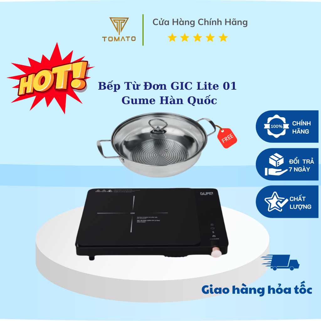 Bếp Từ Đơn GIC LITE-01 Gume Korea Mặt Kính Cường Lực Công Suất 2000W (Tặng Kèm Nồi Lẩu) Bảo Hành 12 Tháng - Tomato Store