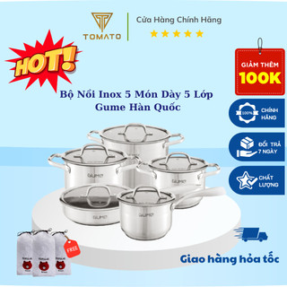 Bộ Nồi Chảo Inox 5 Món 5 Lớp Hàn Quốc GUME Có Nắp Kính Dùng Được Bếp Từ Bảo Hành 5 Năm Lỗi 1 Đổi 1 - Tomato Store
