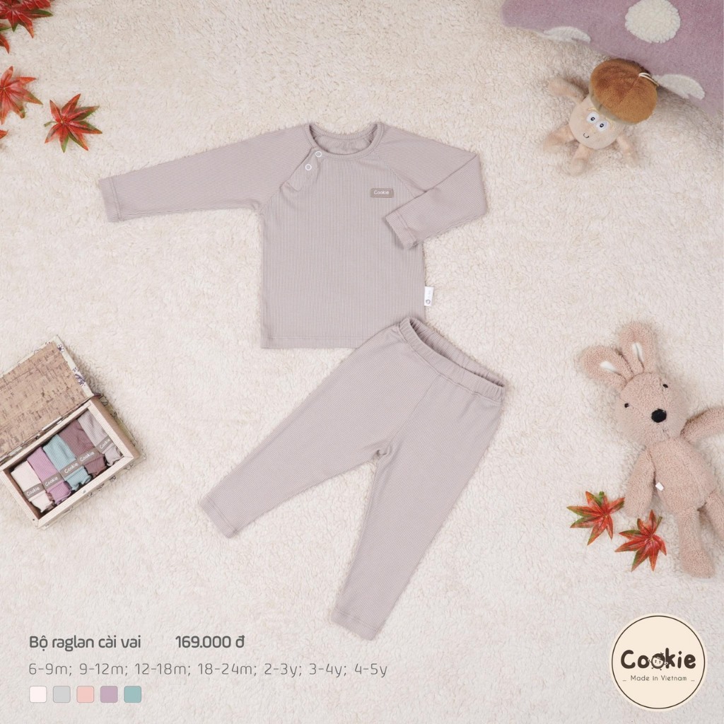 |COOKIE| Bộ dài tay raglan cài vai sợi tre cho bé trai bé gái 6M 9M 12M 18M 2Y 3Y 4Y 5Y