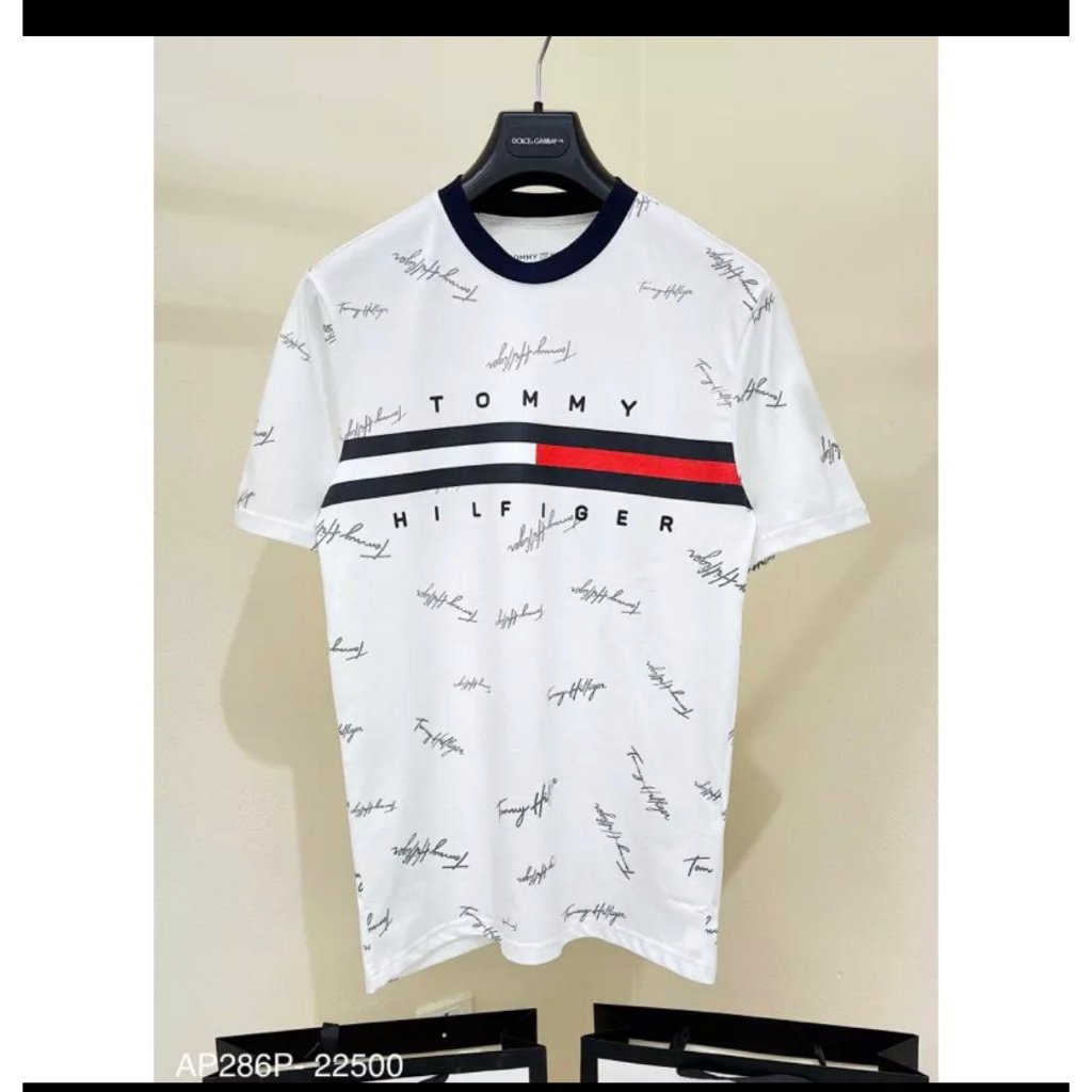 Áo Phông Tommy Chữ Kí Phiên Bản Mới Thêu Sọc Đen Trắng Đỏ - Áo Phông Chất Cotton Co Dãn Thoải Mái Bản Đẹp Form DánUnisex