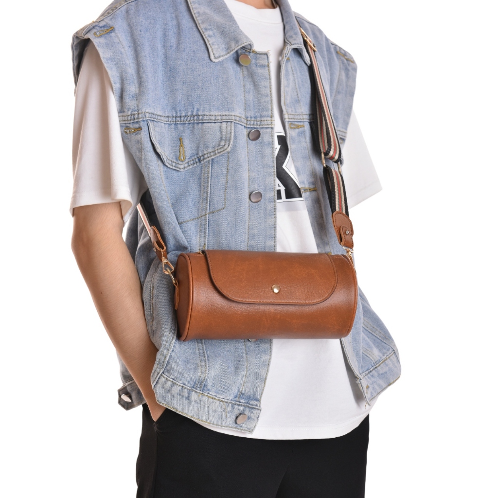 Túi Xách Nam Nữ Hình Trụ Phong Cách Retro, Túi Trụ Đứng, Túi Bao Tử Đeo Chéo Unisex
