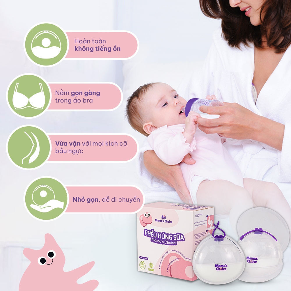 Phễu Hứng Sữa Mama's Choice, Chất Liệu Silicone Cao Cấp, Có Nút Đậy Chống Tràn và Dây Đeo Chống Rơi (Hộp 2 Cái)